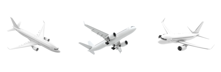 3D render of a white airplane flying, simple design, isolated on a transparent background. perfect for advertising or promotions