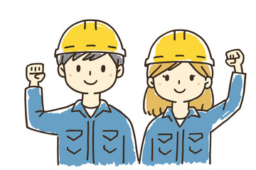 Set of Smiling Male and Female Workers Raising Fists Illustration,Cheerful Construction Worker Posing with a Fist Pump	