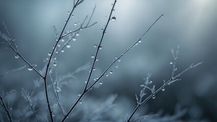 Frosty branches adorned with delicate crystals shine in illumination