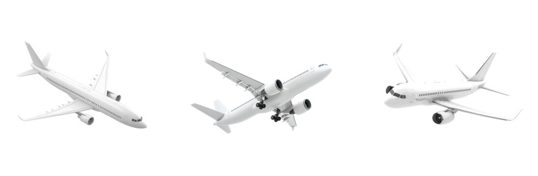 3D render of a white airplane flying, simple design, isolated on a transparent background. perfect for advertising or promotions