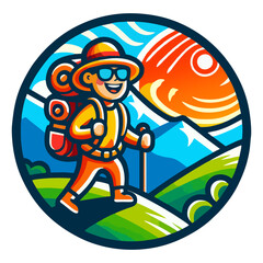 Fototapeta premium Nomadic Lifestyle Backpacker Logo Featuring Outdoor Travel and Hiking Adventure Symbol with Nature Exploration Icon Suitable for Trekking Trips Wilderness Tourism and Scenic Journeys
