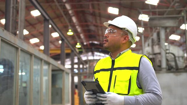 Professional asian man engineer and technician wearing safety helmet analyzing meeting with tablet in factory warehouse. Confident factory workers group inspection industry factory. Teamwork concept - Powered by Adobe