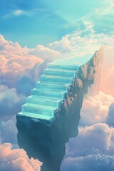 Ethereal Ascent, Crystal Steps Leading Skyward Amidst Cotton Candy Clouds