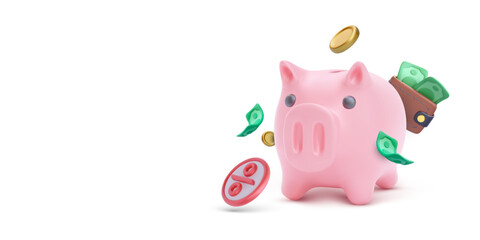 Finance Piggy Bank With Wallet, Dollar Bills, Coins, and Percent Icon. Cute 3D Savings and Investment Concept for Budget Planning and Money Growth. Vector Illustration.