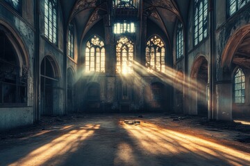 Abandoned church interior bathed in sunlight
