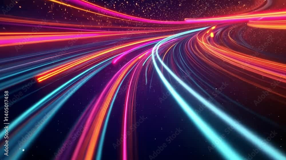 Poster vibrant light trails create dynamic and colorful abstract background, showcasing cosmic motion and s