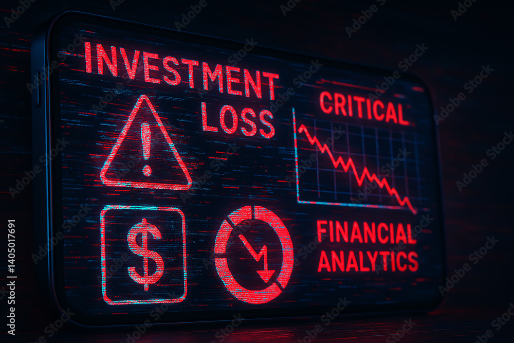 Poster digital screen displays alert on investment loss and critical financial analytics, emphasizing the r