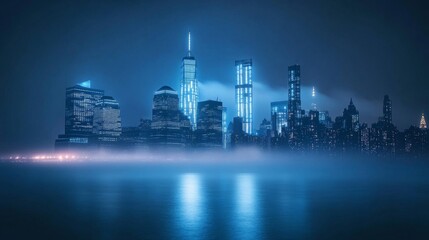 Night City Skyline With Fog And Blue Lights