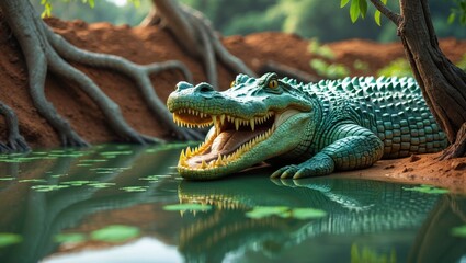 Obraz premium Large combed crocodile rests on the ground with its mouth agape beside the green water. This is their method of regulating body temperature.