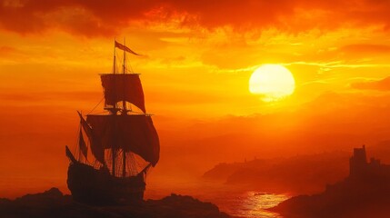 Silhouette of a Sailing Ship at Sunset