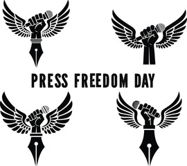 Fototapeta premium Press Freedom Day: Celebrating Journalism and Freedom of Speech with the hand-gripping microphone, pen, and wings symbol