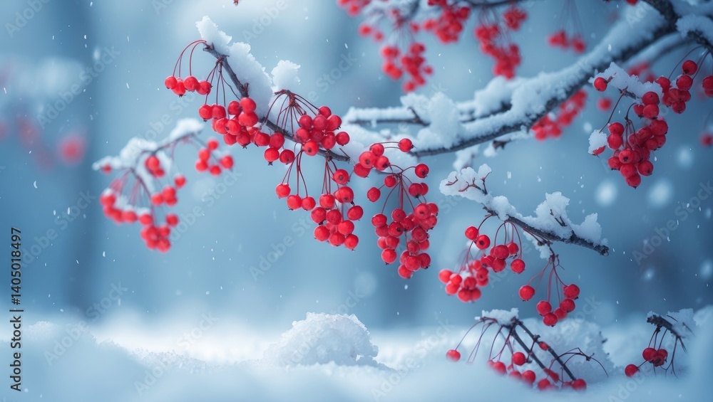Poster gorgeous snowy backdrop of winter with frozen rowan trees and red berries topped with snow. joyful w