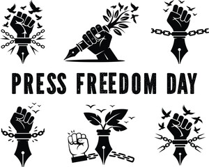 Press Freedom Day Vector Set – Fist Holding Pen and Microphone Breaking Chains with Flying Birds Symbolizing Freedom of Speech and Journalism