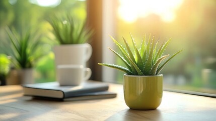 Aloe Vera Plant in a Green Pot on a Desk by Window