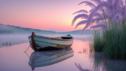 Obraz premium Stunning sunset featuring a moored boat