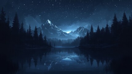 Pixel Art Night Landscape: Blue Mountains Reflecting in a Dark Lake