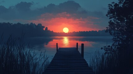 Serene Sunset Over a Tranquil Lake with Wooden Dock