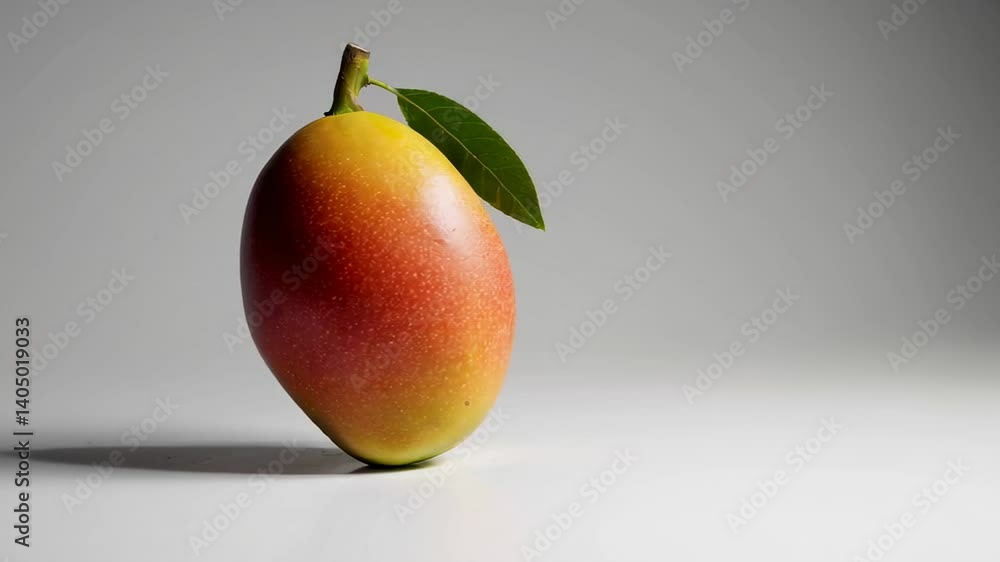 Poster ripe mango fruit gradually appears with a green leaf on a seamless white background, creating a visu