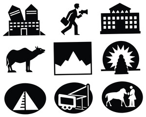 Black and White Pictogram Set: Buildings, Man with Megaphone, Bull, Mountains, Pyramid, Crane, Sheep, and Farmer Icon Collection