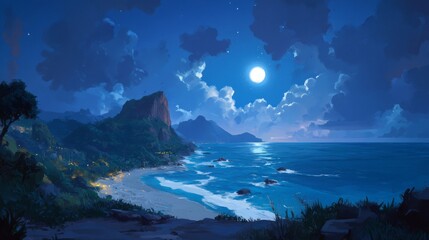 Naklejka premium Tropical Night Beach Scene Under a Full Moon