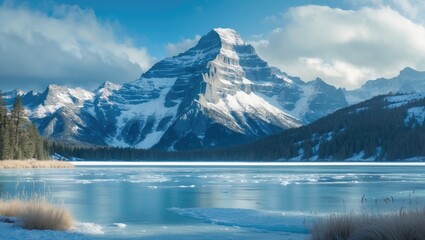 Fototapeta premium Gorgeous panorama of Frozen Lake alongside Mount Rundle and winter snow on a bright day at national park