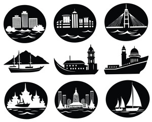 Black and White Cityscape & Nautical Icon Set: Buildings, Bridges, Boats, and Sailboats in Circular Vector Designs for Travel and Tourism