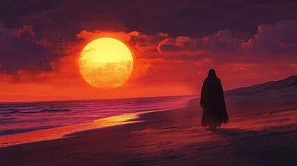 Silhouette of Person Walking on Beach at Sunset