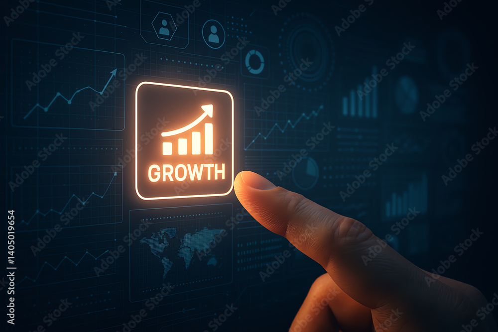 Poster a close-up of a finger pressing a glowing button labeled 'growth' against a digital backdrop of grap