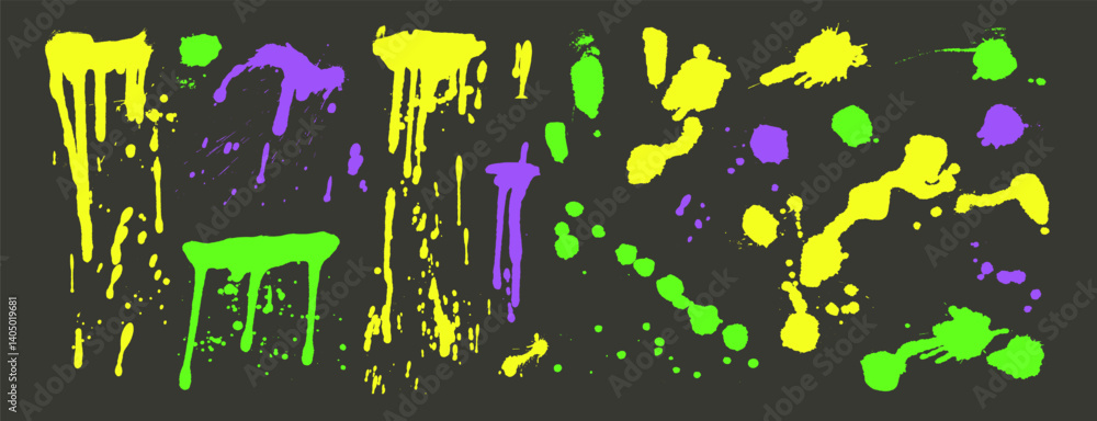 Aufkleber graffiti art spray splatters set. grunge colorful grafitti splashes and drips. paint spots and blob 