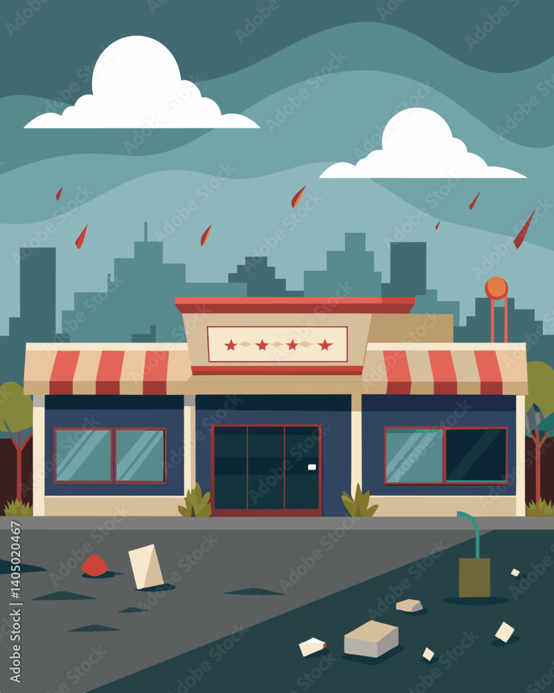 Poster a sad and rundown shopping center with only a few shops still operating and a sense of neglect in th