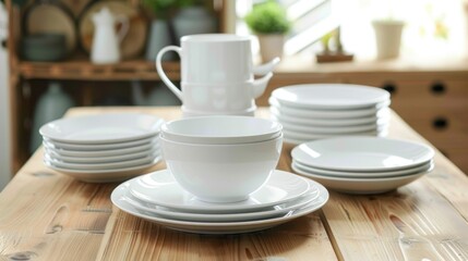 Elegant white ceramic bowls and vase display