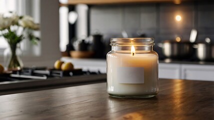 Copy space of a blank label on a glass scented candle jar on a Rustic wooden countertop under blurred kitchen background for mock up, 3D model & rendering