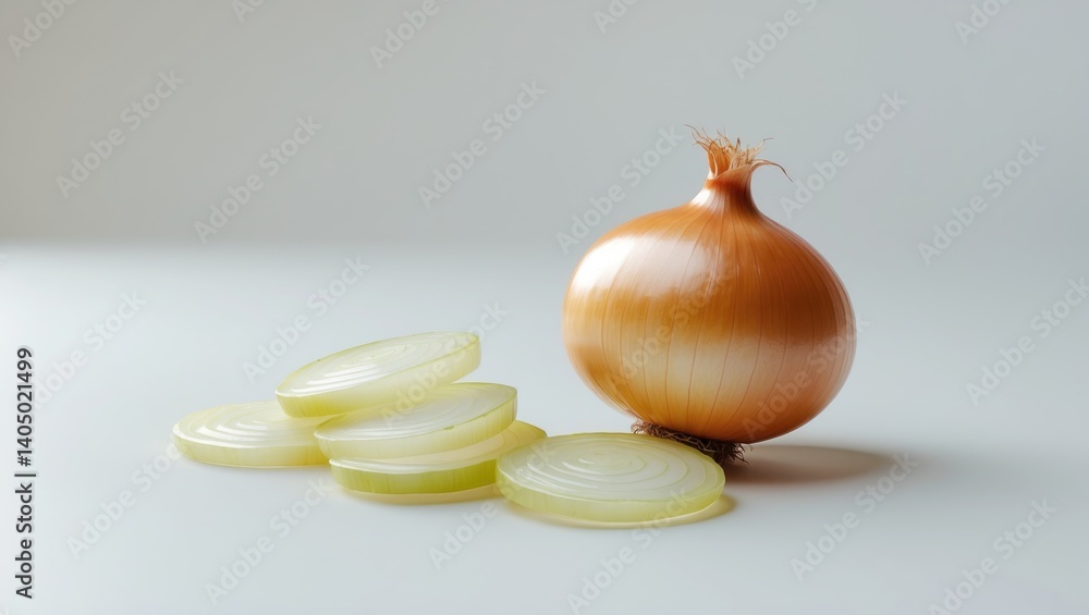 Poster fresh bulb onion and sliced on a white background with clipping path, close-up view.