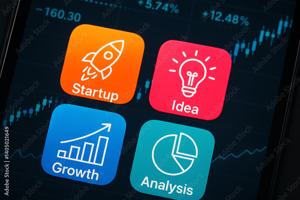 Poster an image showcasing innovative app icons for startup growth, idea creation, and data analysis on a s