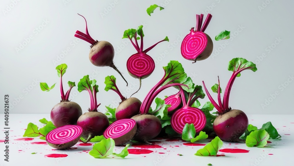 Poster soaring beetroot accompanied by beetroot chunks and green leaves set against a backdrop. clipping pa