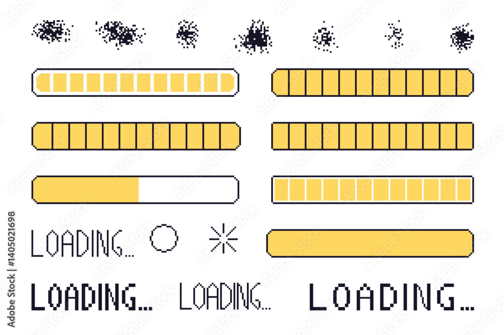 Fototapete pixel art loading bar interface. 8 bit game progress button elements set and text. waiting signs in 
