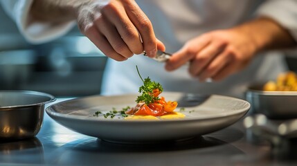 Chef's Culinary Creation: Salmon Dish with Parsley Garnish, Elegant Presentation