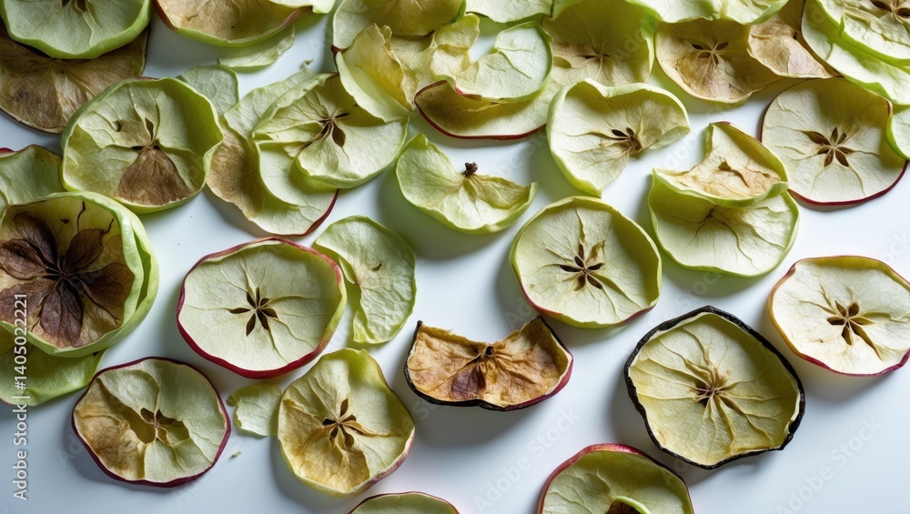 Poster sliced dried apples rest on a surface.