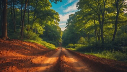 Obraz premium The red road has ventured into the village forest amidst green trees and sky