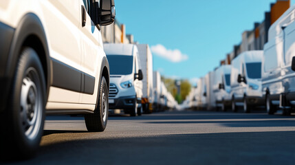 Parked fleet of vans stretches into the distance on urban road, clear skies overhead. Logistics and shipping mobility concept.