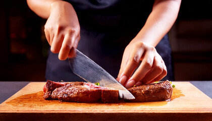 Cook hand holds a knife and cuts steak, chef cutting meat, a cook hands holding a sharp knife and expertly slicing a piece of cooked steak on a wooden cutting board, slicing meat, cooking steak