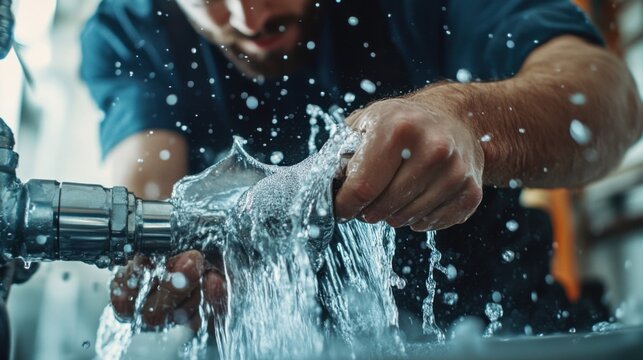Plumber fixing burst water pipe. Featuring plumbing repair and water damage prevention