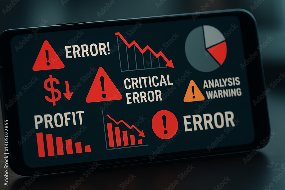 Poster a smartphone displaying alarming error notifications related to financial analysis and profit trends
