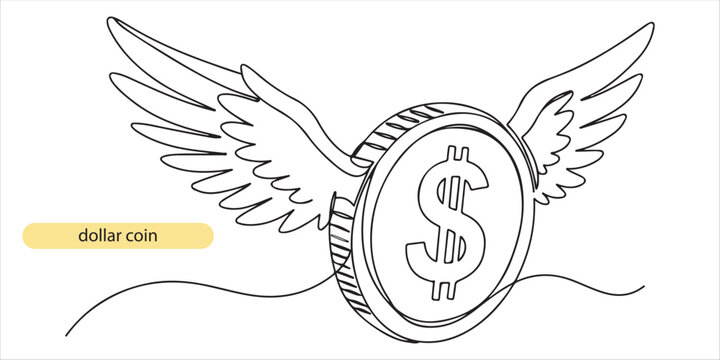 dollar coin with wings continuous single line art drawing sketch on white background