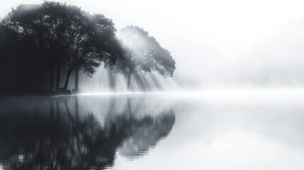 Fototapeta premium Misty Morning Lake with Sunlit Trees
