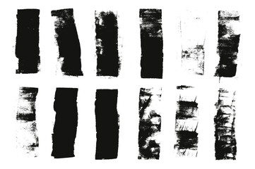 Straight thick urban street underlines. Linocut rolled brush stroke set. Handmade ink rectangle rough stamps. Vector black paint lines shapes. Dry marker or brayer smear textures. Distressed figures.