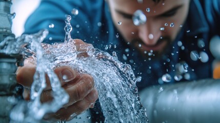 Plumber fixing burst water pipe. Featuring plumbing repair and water damage prevention