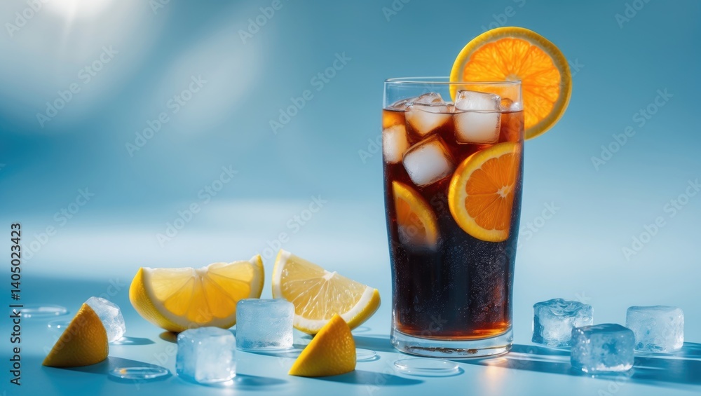 Poster refreshing iced tea with lemon and ice served in a tall glass on a background. the notion of a thirs