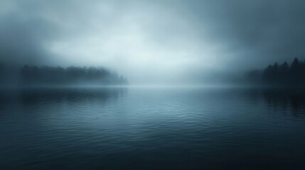 Fototapeta premium Moody Blue Lake Landscape with Fog and Trees
