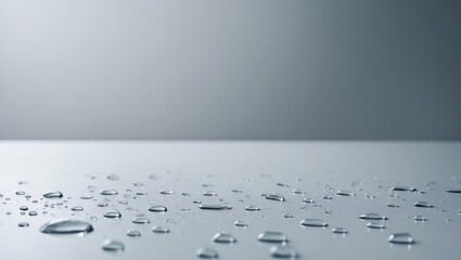 Water droplets on a white surface, Table display of drops, Concept of cleaning